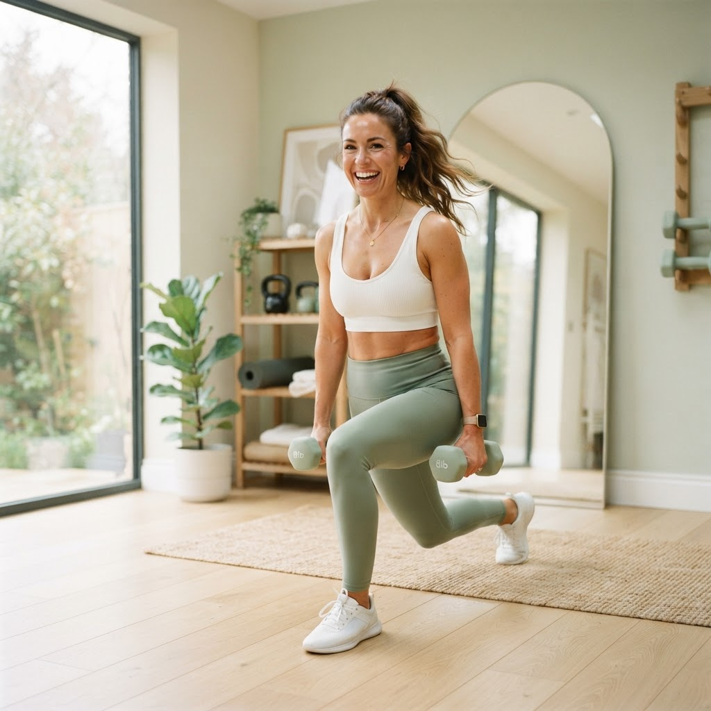 Woman doing a lunge with dumbbells in a bright, sunlit home gym