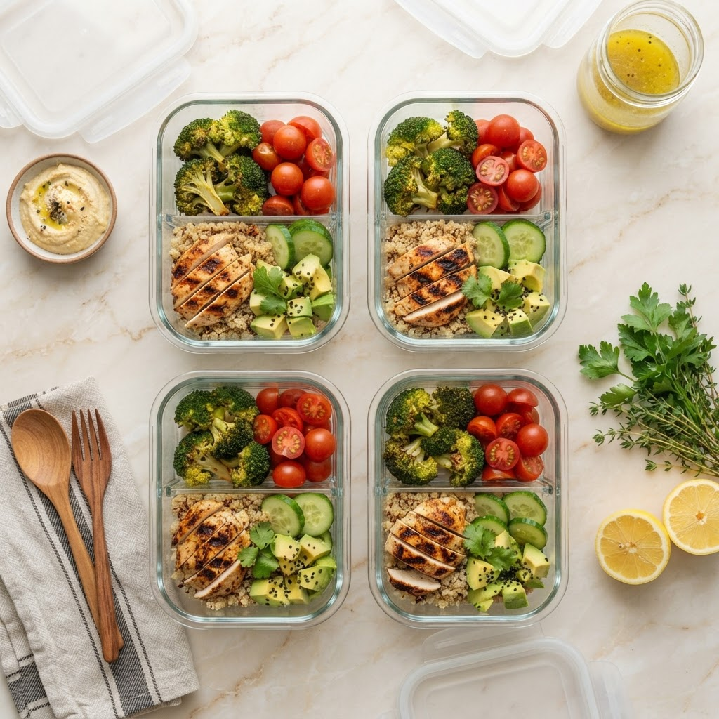 Fresh, colorful meal with lean protein and vegetables next to a glass of water